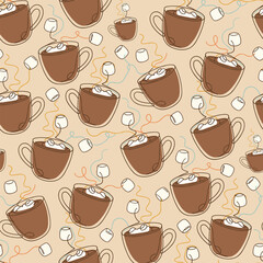 Merry Christmas Pattern Vector. Seamless Pattern Winter Background with Mugs, Marshmallows and Lines for Textile Print background.