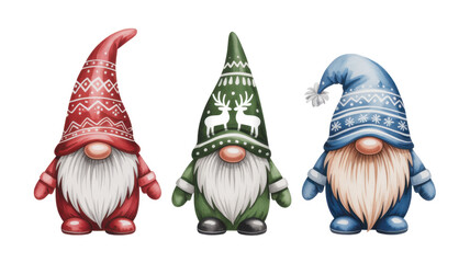 Naklejka premium Watercolor christmas gnomes family in hats with scandinavian ornament. Set of nordic magic dwarfs 