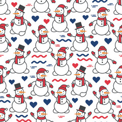 Cute Christmas Pattern Vector. Seamless Festive Pattern Background with Snowmen, Hearts and Lines. Holiday Decorative Whimsical Print Wrapping Paper.