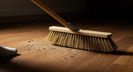 Sweeping dust and debris across a wooden floor surface using a traditional straw broom, capturing the essential household chore of cleaning ,utility ,debris ,essential