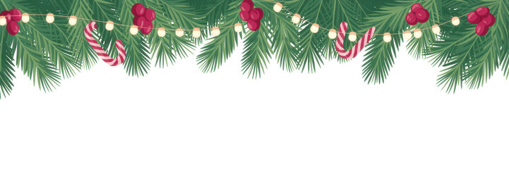 Festive Christmas border with pine branches candy canes and string lights perfect for holiday designs and backgrounds