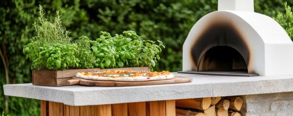 Fresh Pizza by Wood-Fired Oven with Herbs, gourmet pizza , cooking outdoor