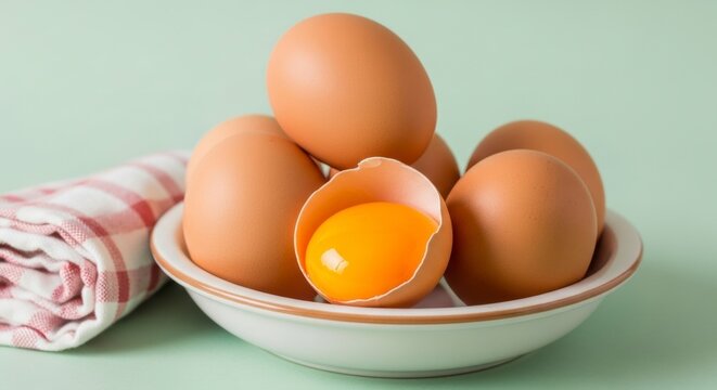 Golden Eggs: A close-up shot presents a cluster of fresh, brown eggs, with one playfully cracked open to reveal its vibrant, golden yolk. a celebration of natural, wholesome food.