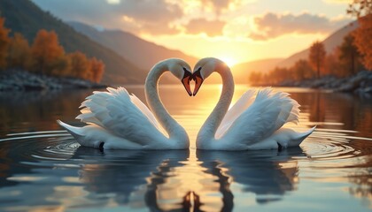 Two white swans form heart shape with necks on lake at sunset. Birds reflect in water. Autumn trees, mountains in background. Romantic wildlife scene.