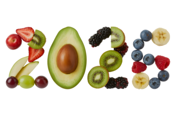 The year 2025 creatively spelled out with fresh fruits and berries, isolated on transparent background