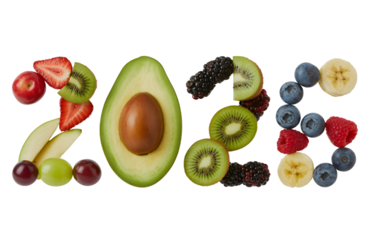 The year 2025 creatively spelled out with fresh fruits and berries, isolated on transparent background