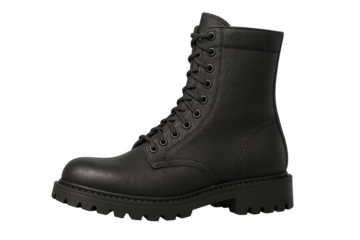 Black leather combat boot with rugged sole and strong laces, providing durability and style, isolated on transparent background