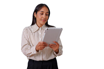 Businesswoman using digital tablet for modern communication and data analysis, standing with transparent background