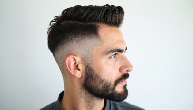 Young stylish man in profile view with sleek modern low fade haircut. Dark hair features short sides, long textured voluminous top. Perfectly groomed full beard perfectly complements fashionable