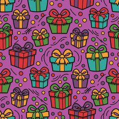 Playful Christmas Pattern Vector. Seamless Pattern greeting cards Background with Presents, Candy Dots and Dash Strokes. seasonal christmas background