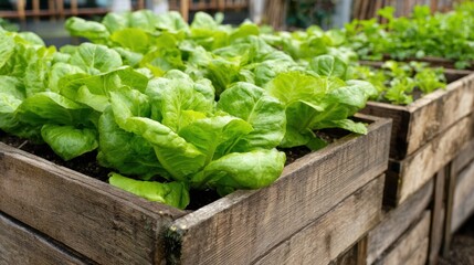 Bright green lettuce plants fill wooden boxes in a community garden. This scene shows healthy growth in a sunny setting, highlighting gardening efforts in urban agriculture.