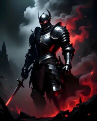 Fototapeta premium Dark Fantasy Knight in Black Horned Armor Surrounded by Red smoke and Glowing Eyes
