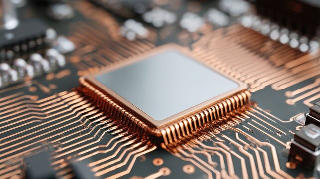 A detailed view of a microprocessor mounted on a circuit board reveals complex circuitry and connections, highlighting modern technology's advancement and design excellence.