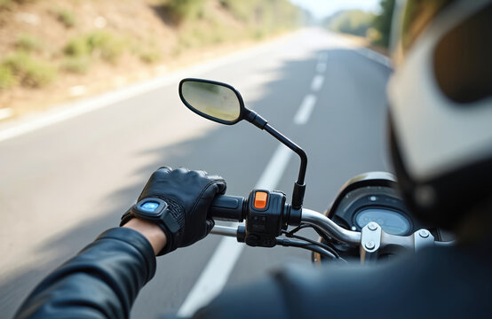 Motorcyclist rides bike on long highway. Rider wears black leather glove, helmet, smartwatch. Hand controls handlebars, speeds along open asphalt road. Journey, freedom, adventure, trip, explore road