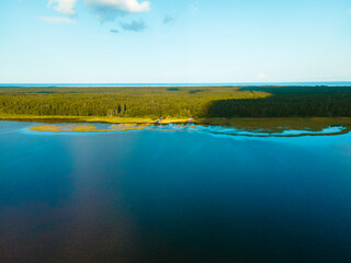 A wide aerial view of a calm blue lake