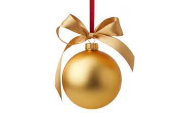 gold Christmas ball with ribbon and a bow, isolated on background.