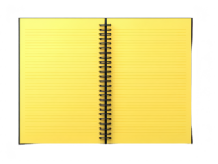 Open yellow spiral notebook with lined pages, viewed from above, isolated on transparency background, perfect for note taking, journaling, or school use, creating bright and cheerful mood