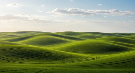 Sweeping panorama of verdant, gently rolling hills under a bright sky, showcasing a lush and peaceful natural landscape ,undulating ,beautiful ,outdoor nature