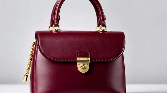 Elegant burgundy handbag rotating showcasing luxurious design and gold accents