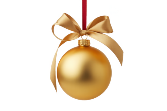 gold Christmas ball with ribbon and a bow, isolated on background.