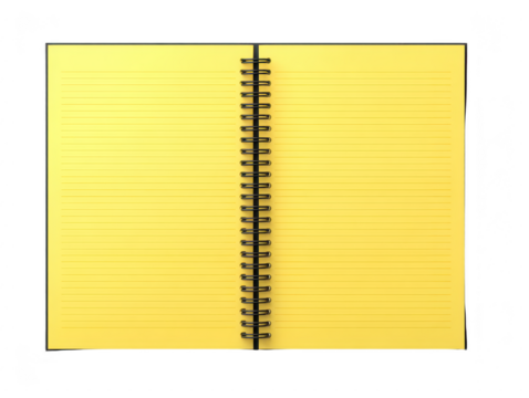 Open yellow spiral notebook with lined pages, viewed from above, isolated on transparency background, perfect for note taking, journaling, or school use, creating bright and cheerful mood