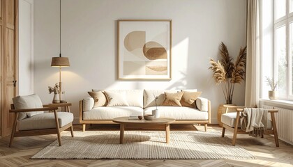 minimalist living room with geometric art frame mockup, cozy beige textiles, natural wood furniture, soft neutral tones, Scandinavian design, warm sunlight aesthetic