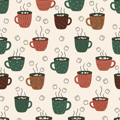 Merry Christmas Pattern Vector. Seamless Pattern Winter Background with Mugs, Marshmallows and Lines for Textile Print background.
