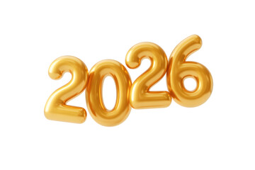 Golden 2026 number balloons isolated on transparent background