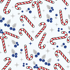 Merry Christmas Pattern Vector. Seamless Pattern Playful Background with Candy Canes, Holly Berries and Sparkles.