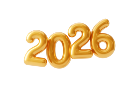 Golden 2026 number balloons isolated on transparent background