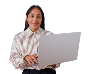Professional woman holding laptop smiling at camera standing against transparent background