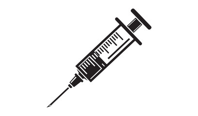 Simple black and white illustration of a medical syringe and needle
