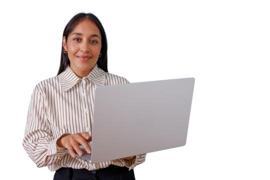 Professional woman holding laptop smiling at camera standing against transparent background