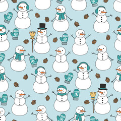 Christmas Snowman Vector. Seamless Pine Cone And Mitten Pattern with Happy Snowmen. Winter seamless pattern Background,