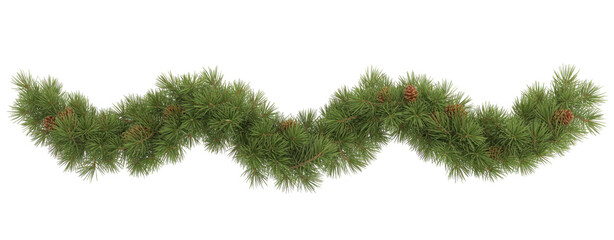 Green pine twigs in a Christmas garland isolated on transparent background
