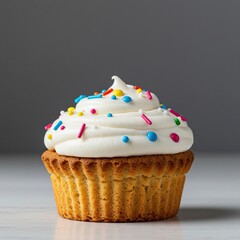 Sweet baked treat featuring rich white vanilla frosting and vibrant candy sprinkles, presented against a clean bright studio background ,cream ,sugar ,serving