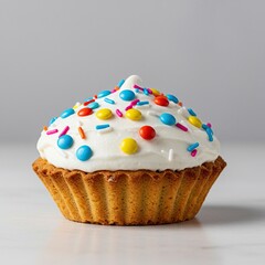 Sweet baked treat featuring rich white vanilla frosting and vibrant candy sprinkles, presented against a clean bright studio background ,isolated ,gourmet ,studio shot