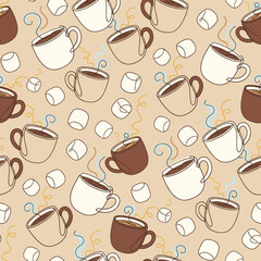 Merry Christmas Pattern Vector. Seamless Pattern Winter Background with Mugs, Marshmallows and Lines for Textile Print background.