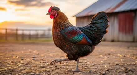 Golden Rooster's Stroll: A regal rooster struts confidently in a sun-drenched farm setting, a vibrant symbol of rural life, its feathers shimmering in the warm sunlight.