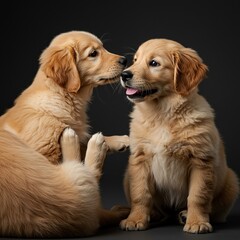 Sweet, fluffy golden retriever puppies interact playfully, their innocent expressions and soft coats radiating pure joy and warmth ,breed ,cute ,happiness