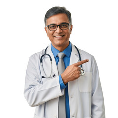 Smiling indian male doctor wearing glasses and stethoscope pointing to the right isolated on transparent background