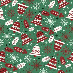 Christmas Bells Pattern Vector. Seamless Traditional Winter Pattern Background with Bells, Holly Leaves, and Snowflakes.