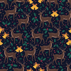 Christmas Deer Vector. Seamless Holly and Bell Pattern with Graceful Deers. Nordic Forest seamless pattern Background.