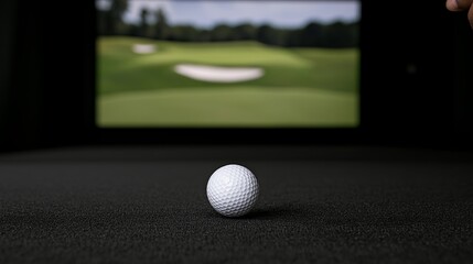 Indoor golf practice session with a focus on the golf ball and simulator