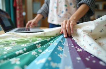 Fashion designer checks fabric swatches on table, laptop open nearby. Woman selects textile material, choosing patterns for new collection. Professional tailor works with colors and textures.