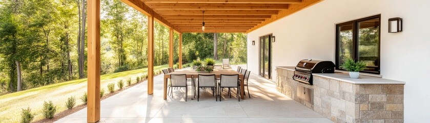 Fototapeta premium Outdoor Dining Patio with Grill, Modern Design, backyard ideas