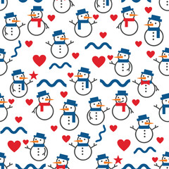 Cute Christmas Pattern Vector. Seamless Festive Pattern Background with Snowmen, Hearts and Lines. Holiday Decorative Whimsical Print Wrapping Paper.