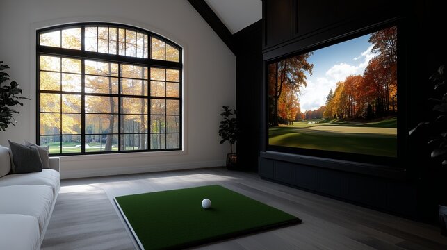 Indoor golf practice area with large windows showcasing autumn scenery - Powered by Adobe
