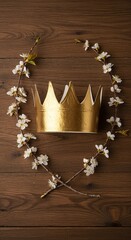 Symbolic representation of Easter triumph showing a golden crown and spring blossoms on a wooden background ,triumph ,blossom ,celebration