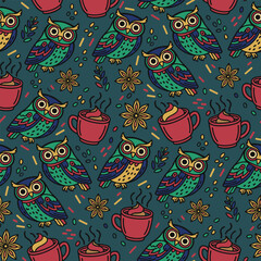 Christmas Owl Pattern Vector. Seamless Animal Pattern Background with Owl, Hot Chocolate Mug and Star Anise. for packaging, print paper, and fabric